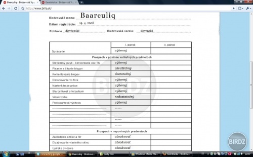 Birdz vysvečko:Dak to neni vidno tak:
konverzacia cez TS-vyborny
písanie a citanie blogov-chvalitebny
komentovanie blogov-dostatočny
diskutovanie vo fore-vyborny
nastenkarske prave-vyborny
starostlivost o fotoalbum-vyborny
videotvorba-nedostatocny
